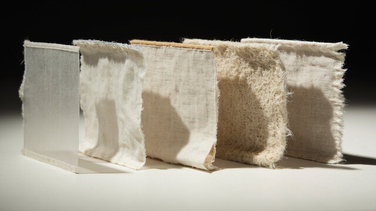 Cross-sectional comparison of fabric samples showing thickness differences across GSM weights from 100 to 350 GSM with Martindale rub counts labeled
