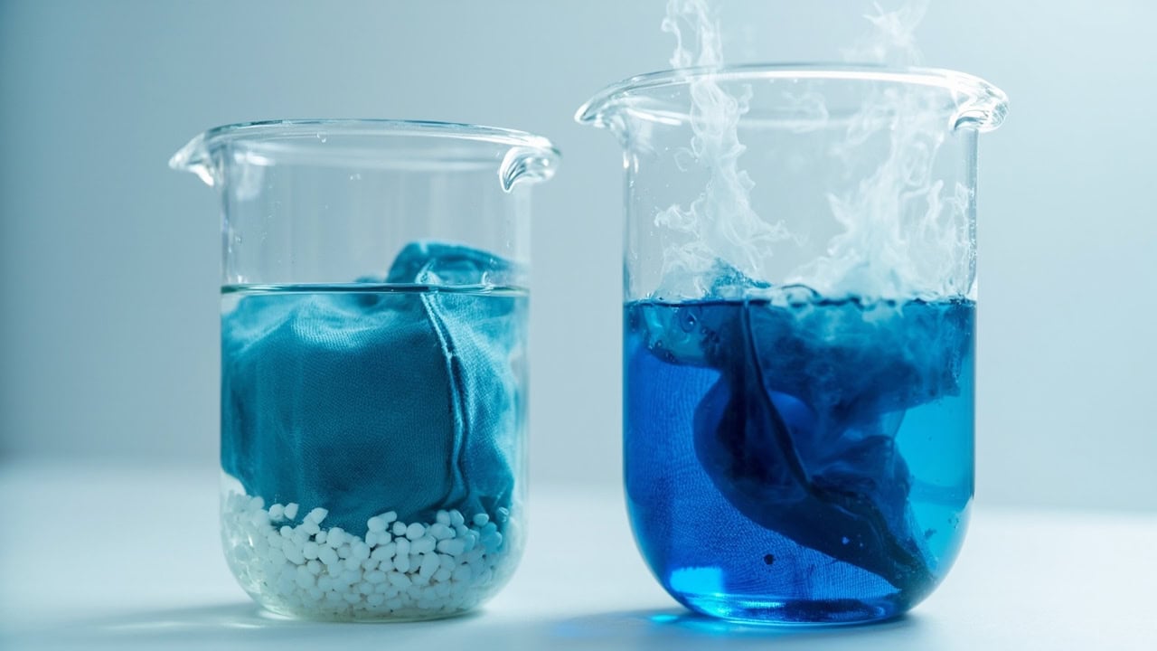 Two beakers showing fiber reactive dye in cold water with soda ash versus all-purpose dye in hot water, comparing application processes