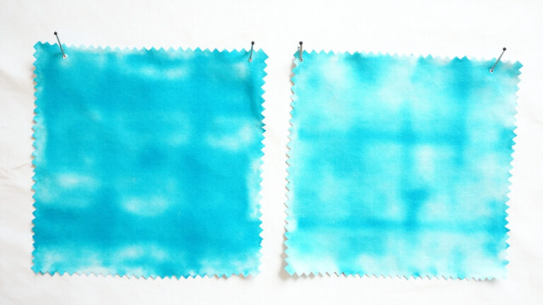 White cotton fabric swatches comparing fiber reactive dye result (vibrant even color) versus all-purpose dye result (faded surface color) side by side
