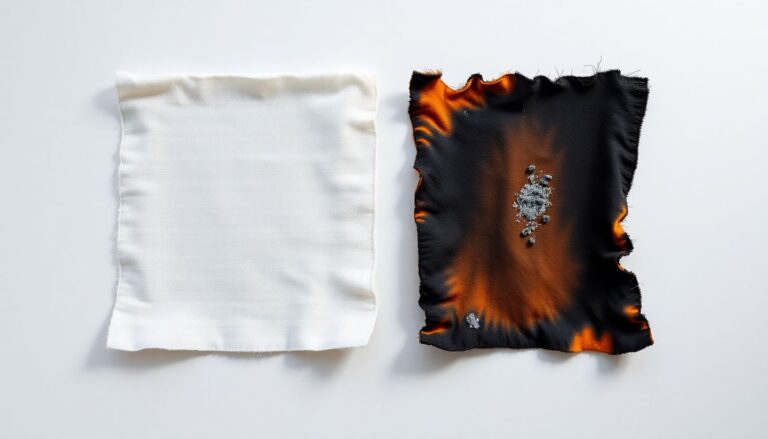 Flame retardant fabric samples showing comparison between treated and untreated material after fire exposure testing