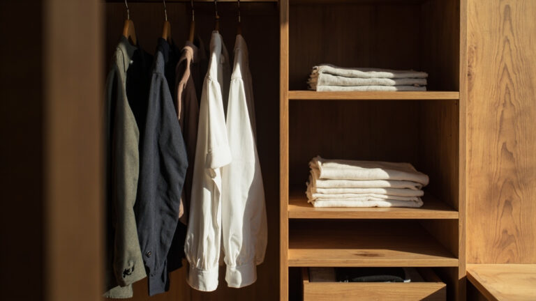 Organized closet showing properly hung shirts alongside folded clothes on shelves demonstrating correct fold vs hang storage method