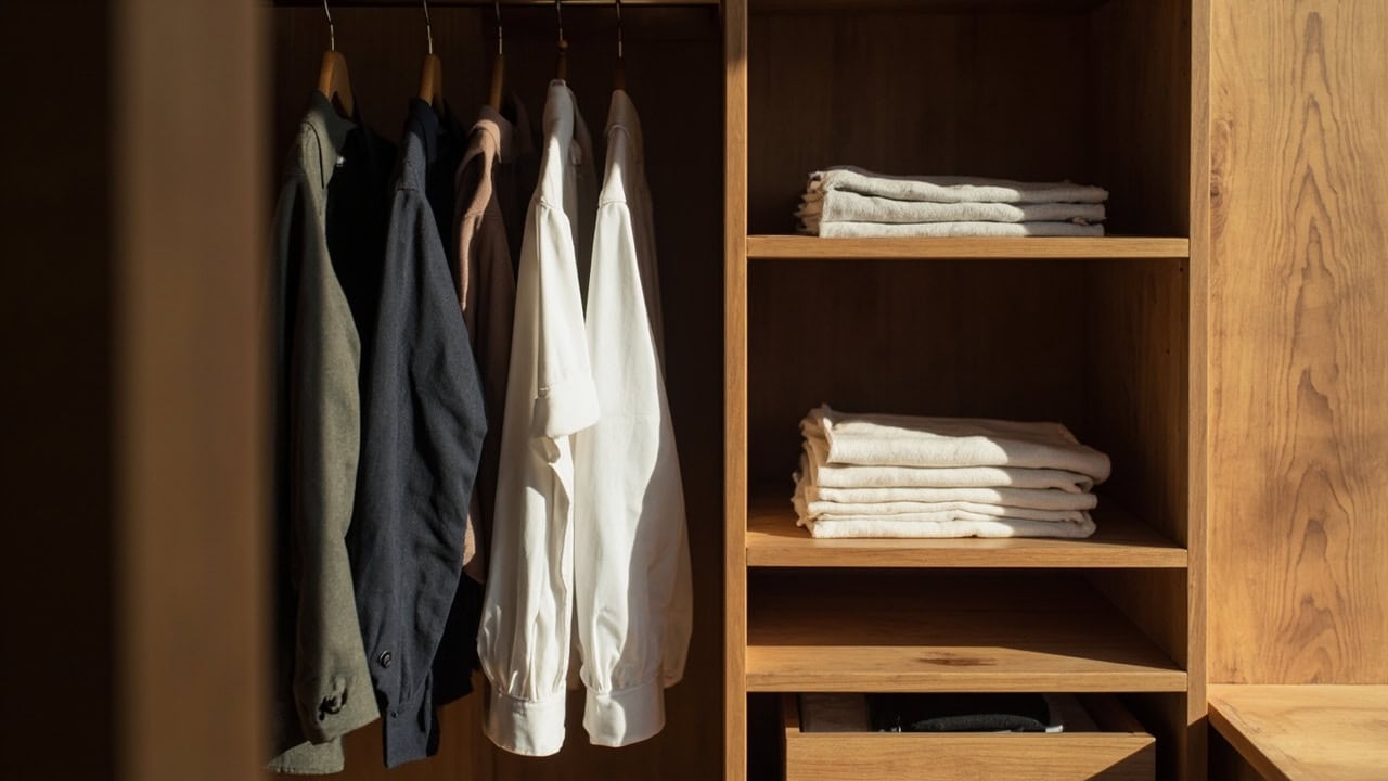 Organized closet showing properly hung shirts alongside folded clothes on shelves demonstrating correct fold vs hang storage method
