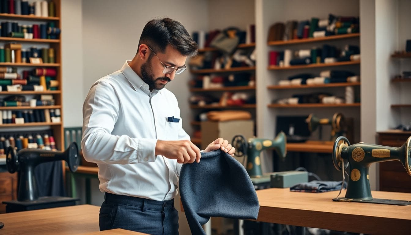 Professional tailor measuring trouser hem with chalk in a bright sewing workshop with organized thread wall
