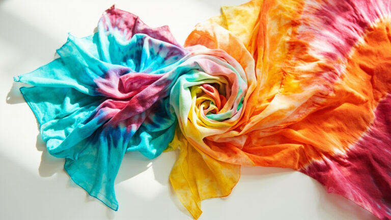 Colorful spiral tie dye fabric with kitchen timer showing 8 hours curing time before rinsing