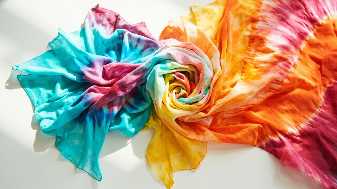 Colorful spiral tie dye fabric with kitchen timer showing 8 hours curing time before rinsing