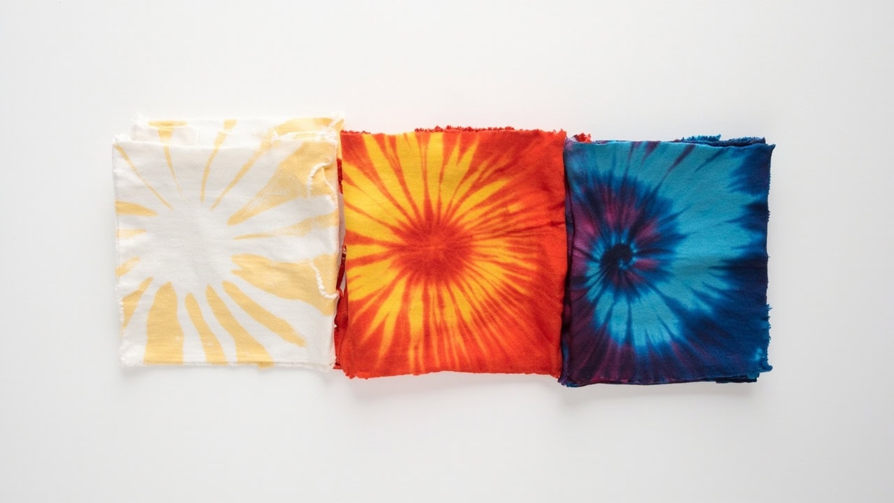 Fabric swatches showing color difference between 2-hour rinse (faded), 8-hour rinse (vibrant optimal), and 24-hour rinse (vibrant) tie dye results