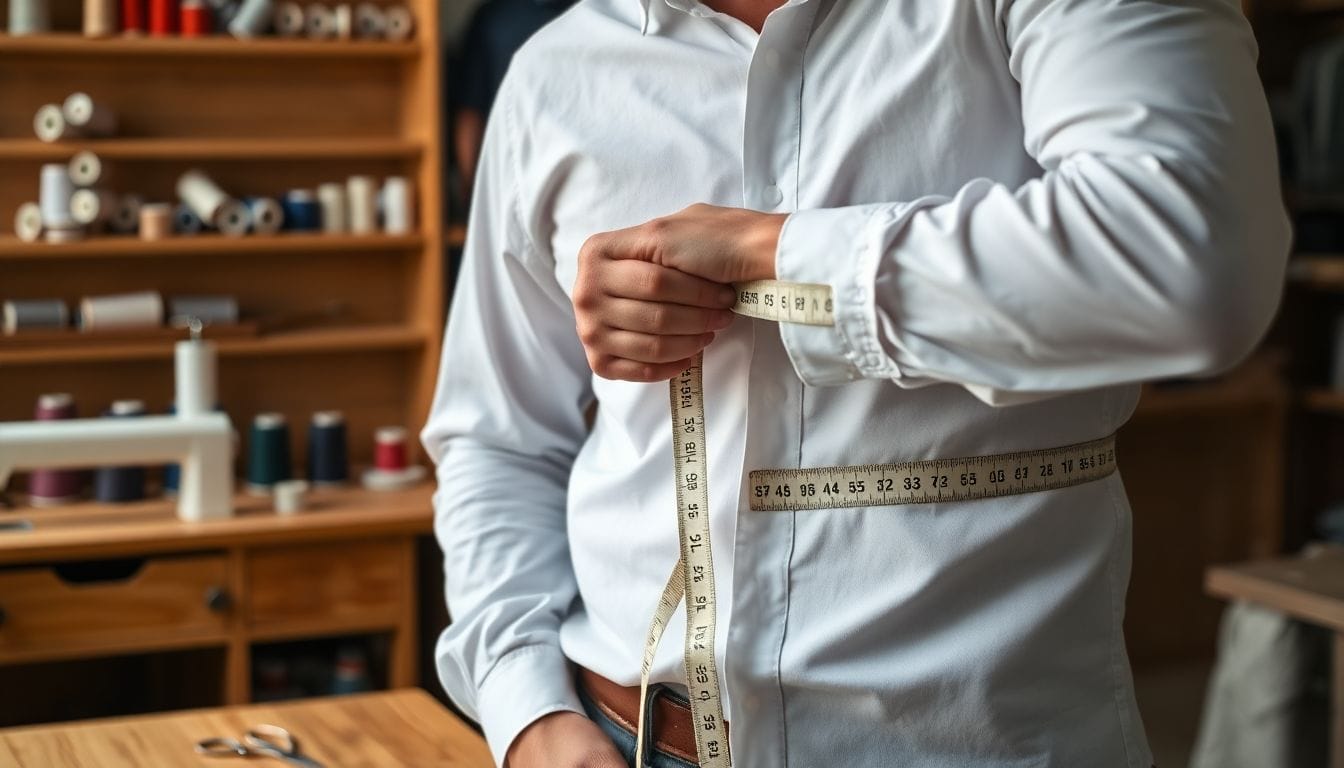 Professional tailor measuring a customer's waist for garment alterations at a fitting table with thread and tools in the background