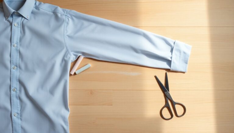 Men's dress shirt with fabric chalk marks showing sleeve alteration measurements on a wooden work surface with alteration tools