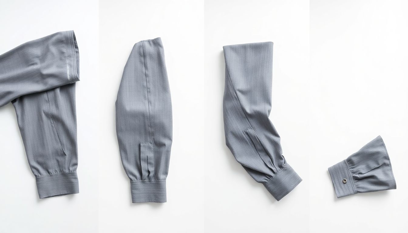 Instructional diagram showing the four steps of shortening a shirt sleeve: marking, cuff removal, cutting, and reattachment