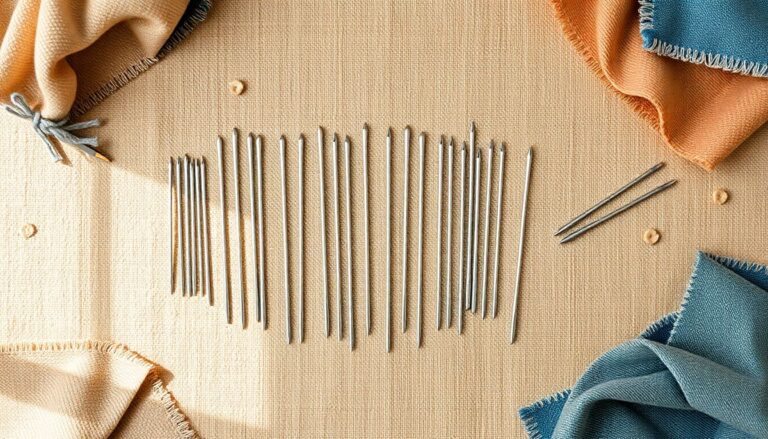 Collection of different sewing needle types arranged on fabric with tape measure showing needle size comparison