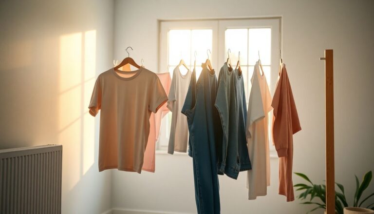 Indoor wooden drying rack with mixed laundry including t-shirts and jeans in a sunlit room showing proper air drying setup