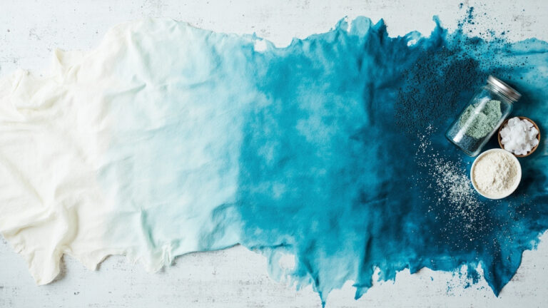 Undyed cotton fabric beside dyed teal cotton fabric with fiber reactive dye supplies for home dyeing