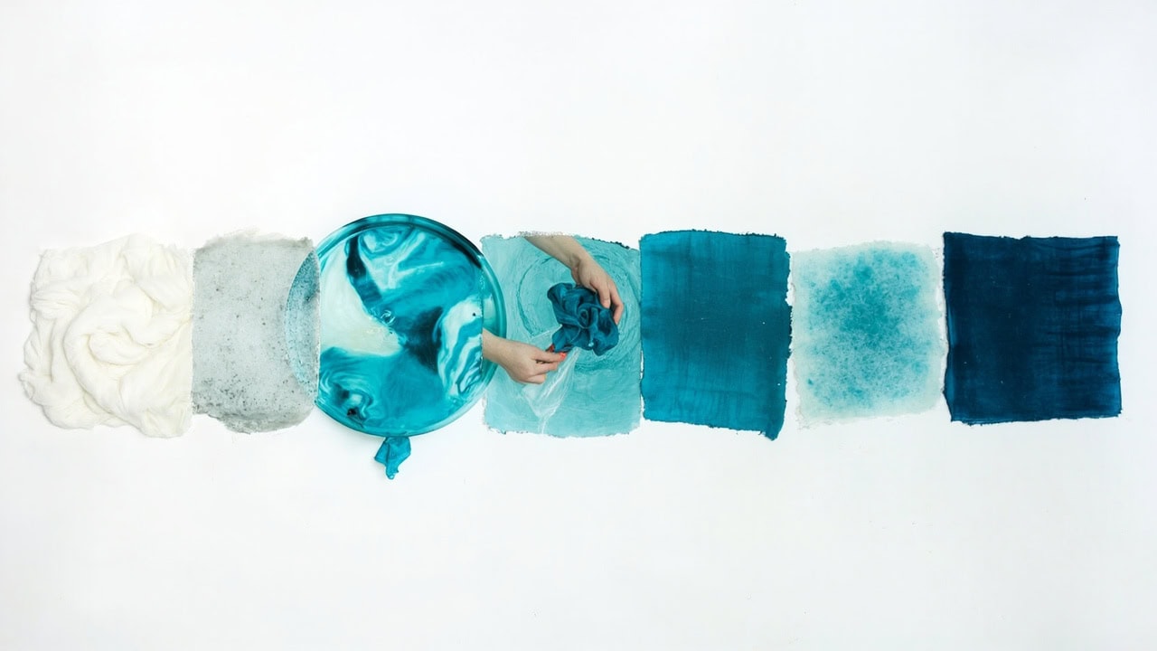 Six-step illustration showing fiber reactive dye process for cotton fabric from scouring through final rinse