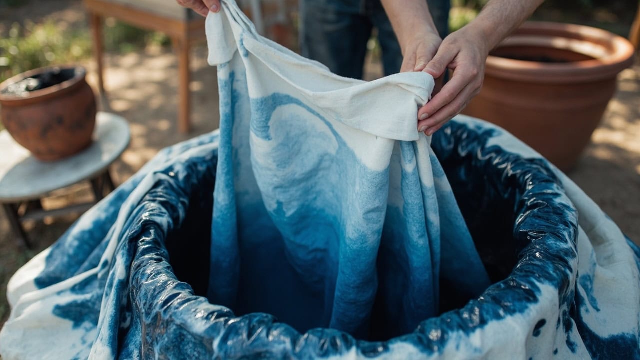 White cotton fabric being lowered into a traditional indigo dye vat showing the oxidation color change process
