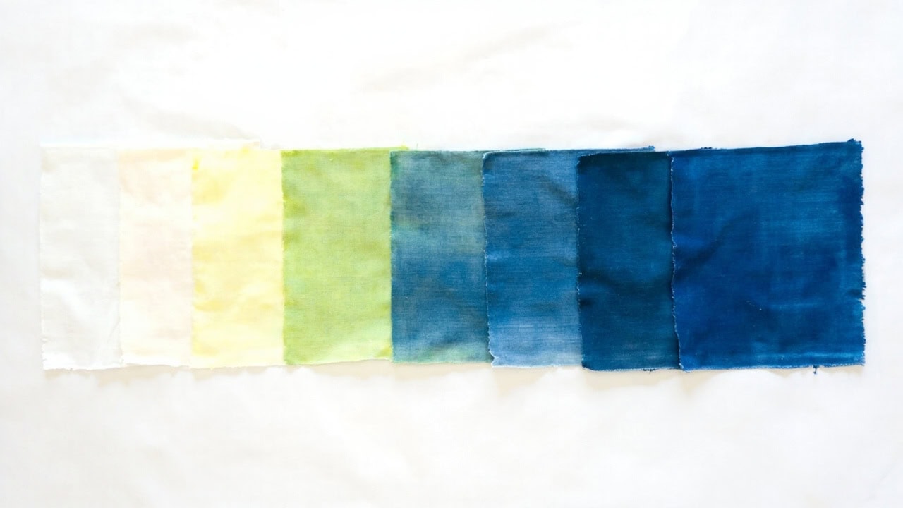 Step-by-step illustration showing indigo fabric dyeing process from preparation through oxidation to final rinse