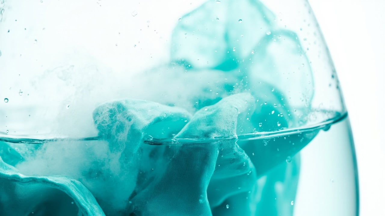 Vibrant teal nylon fabric immersed in hot acid dye bath showing professional home dyeing process