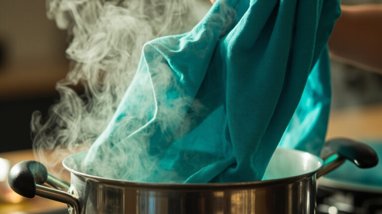 Vibrant teal polyester fabric being removed from hot disperse dye bath on stovetop