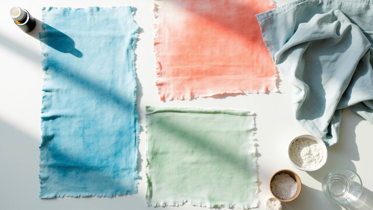 Colorful dyed rayon fabric swatches in blue coral and sage green with dye supplies on white surface