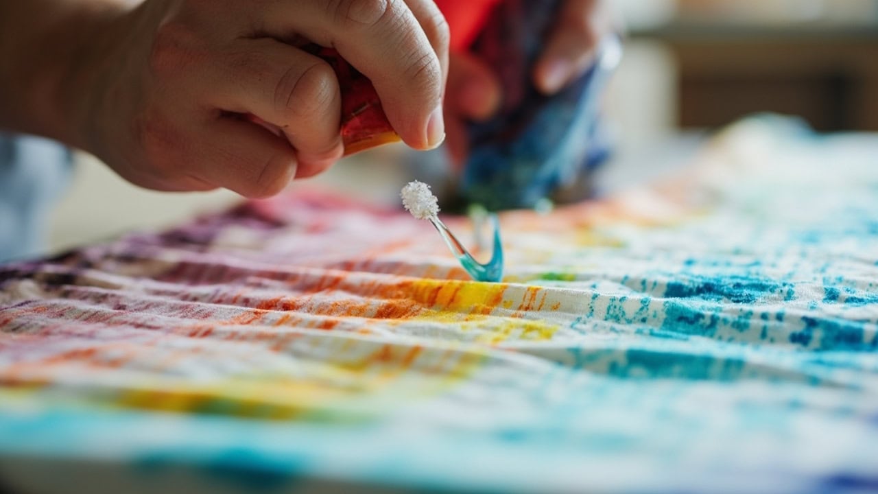 Hands applying tie dye with squeeze bottle to folded white cotton fabric showing even dye saturation technique