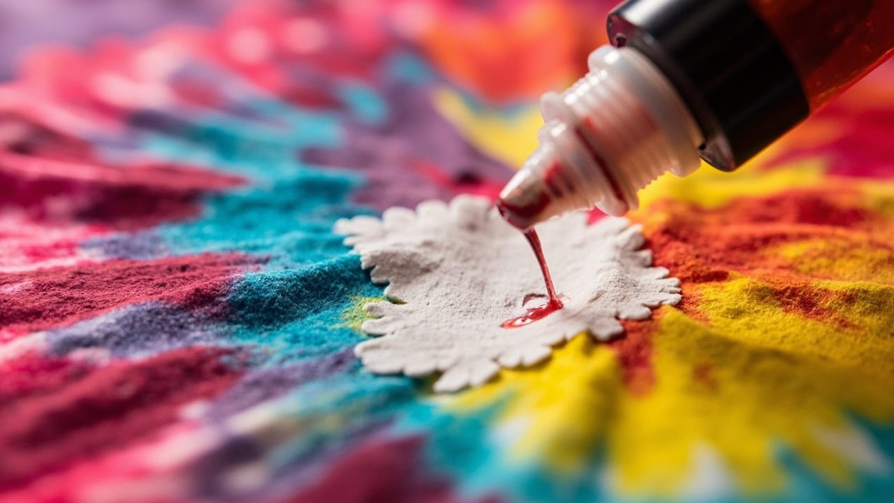 Squeeze bottle applying concentrated tie dye directly to a light spot on fabric demonstrating spot re-dyeing technique