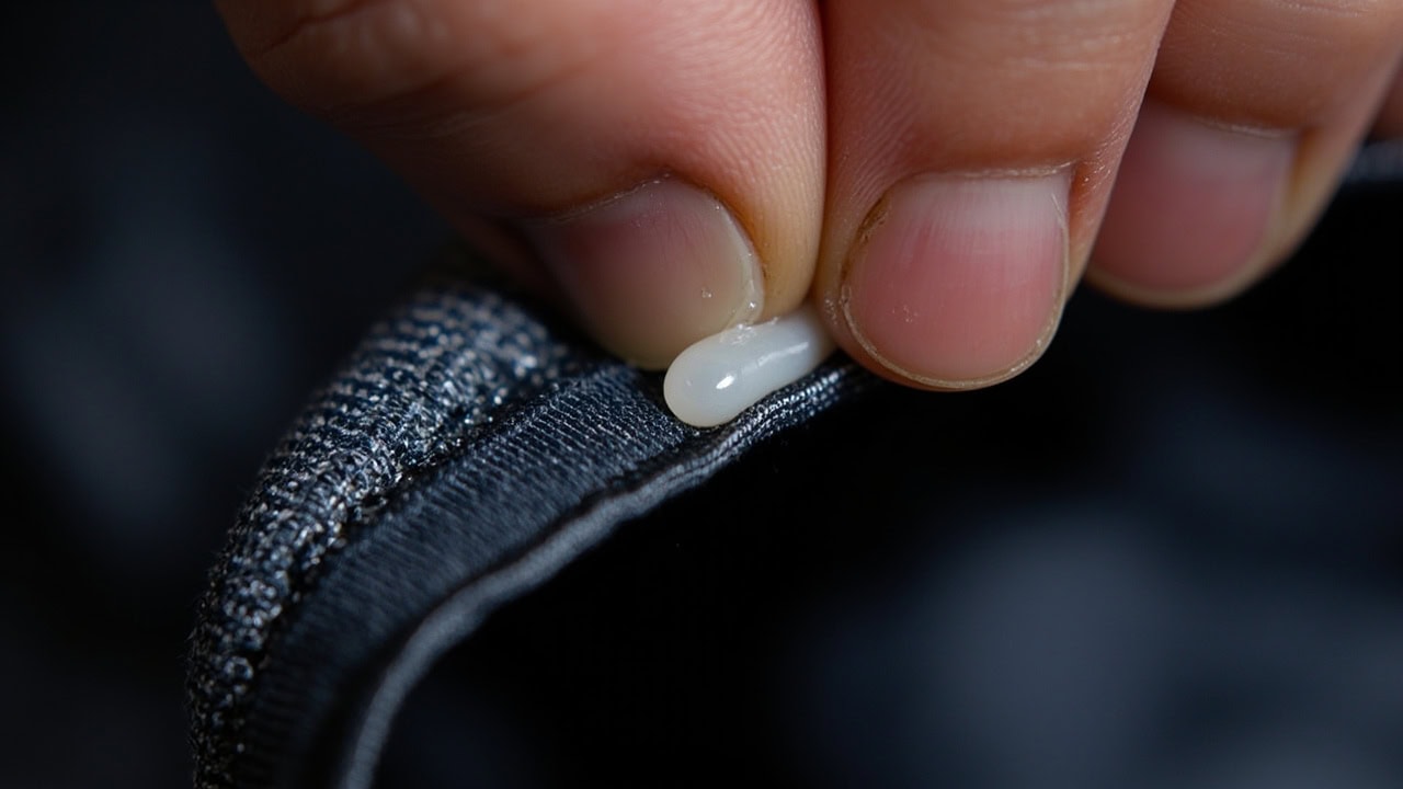 Close-up demonstration of fabric glue being applied to the inside fold of a pant hem before pressing and curing