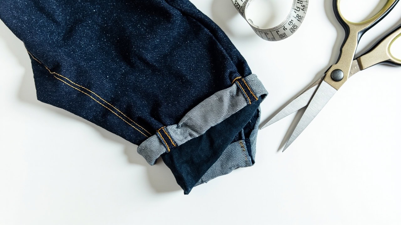 Dark denim jeans with hem turned up showing properly shortened length on a clean studio surface with tailoring tools nearby