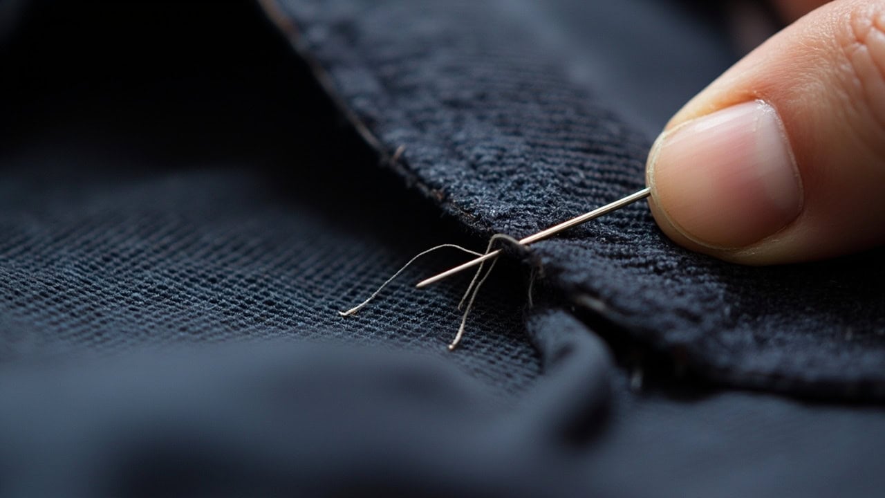 Diagram showing the hand-sewn blind hem stitch technique with needle picking up threads from both the pant fabric and the hem fold