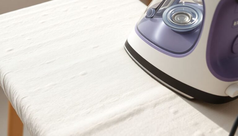 Steam iron pressing cream-colored linen fabric at high temperature with steam rising, showing correct ironing technique