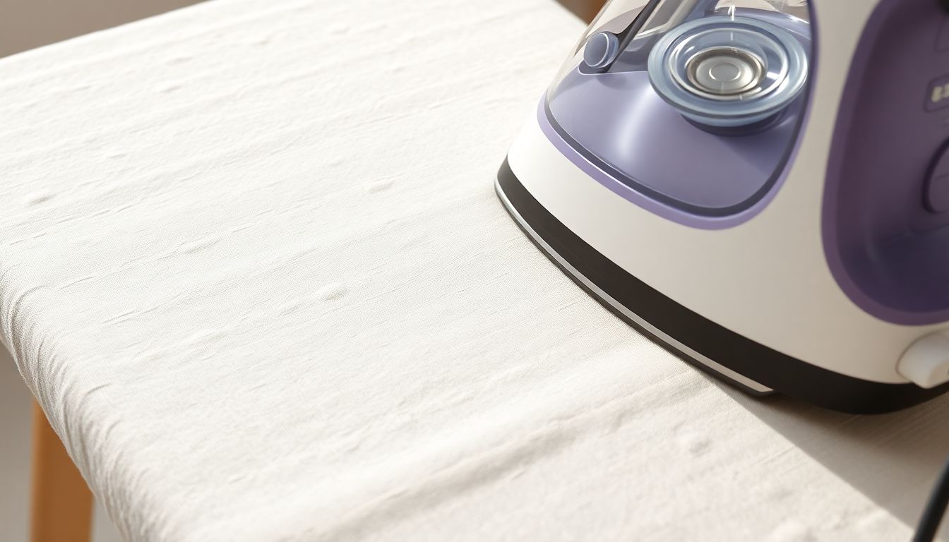 Steam iron pressing cream-colored linen fabric at high temperature with steam rising, showing correct ironing technique