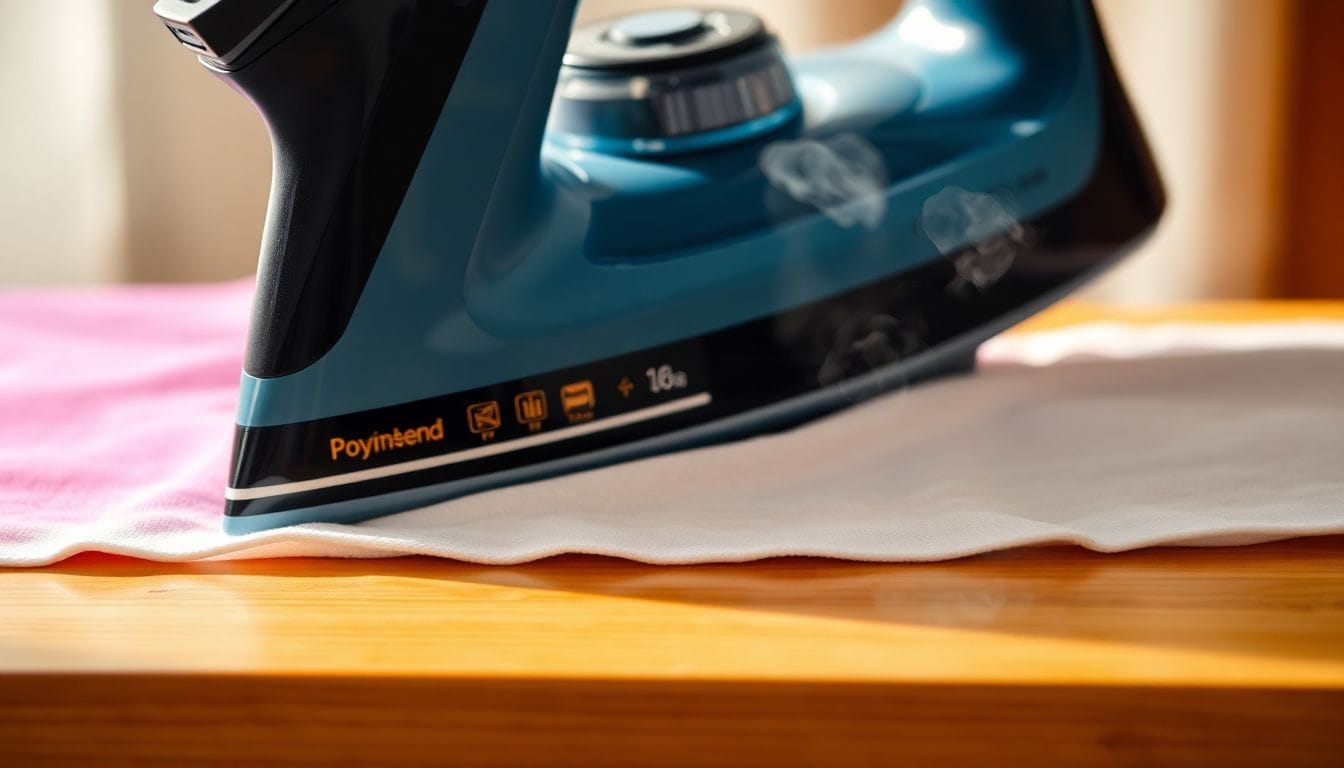 Steam iron on low heat setting being used on polyester fabric with pressing cloth for safe ironing technique