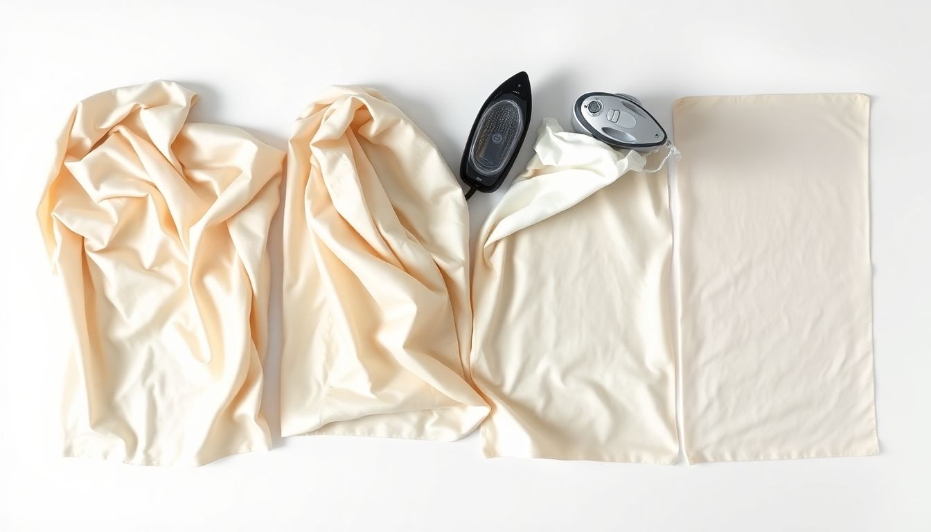 Four-step sequence showing how to iron silk safely with correct temperature setting and pressing cloth