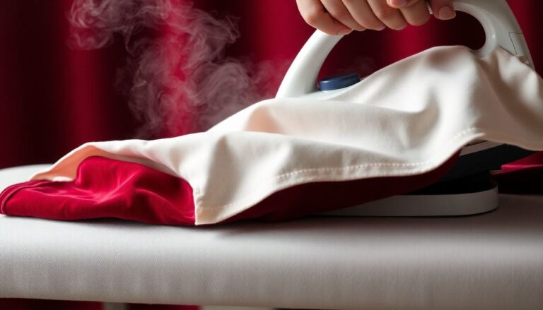 Velvet fabric being ironed from the reverse side on a padded surface with pressing cloth, demonstrating correct ironing technique