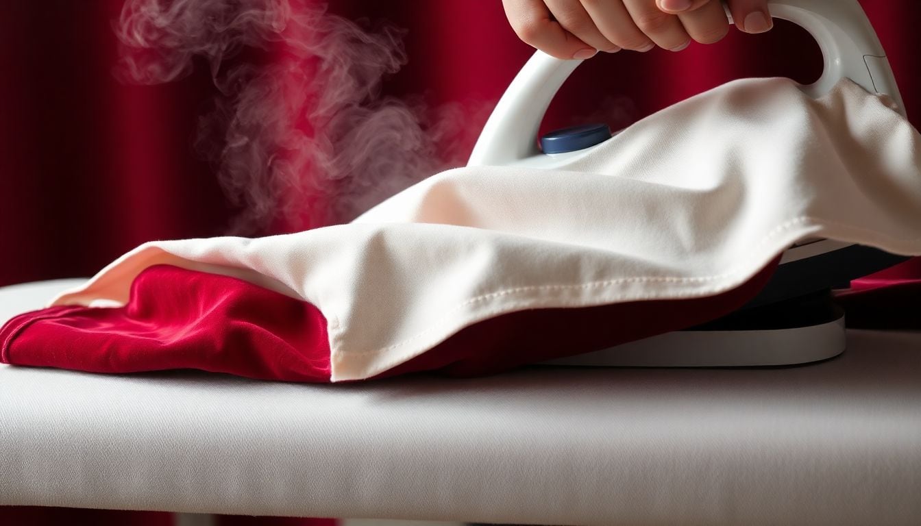 Velvet fabric being ironed from the reverse side on a padded surface with pressing cloth, demonstrating correct ironing technique