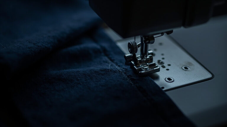 Sewing machine needle stitching a new widened seam line next to original seam on dark navy trousers