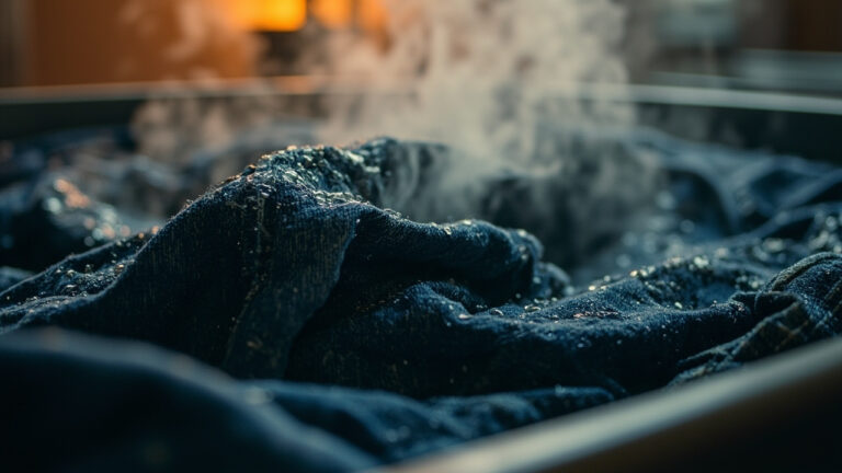 Dark indigo denim jeans being shrunk in hot water wash cycle showing no-sew waist reduction method