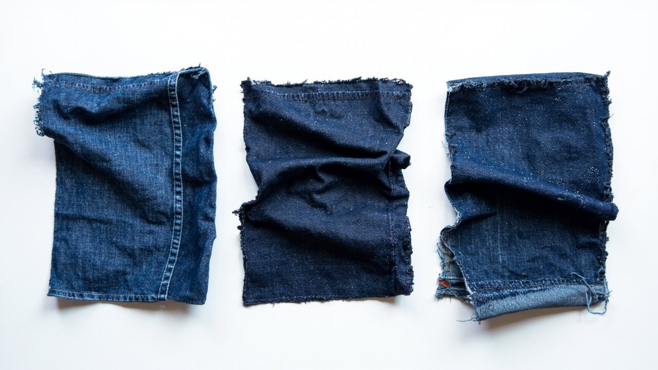 Step-by-step diagram showing how to shrink jeans in hot water wash and tumble dry without sewing