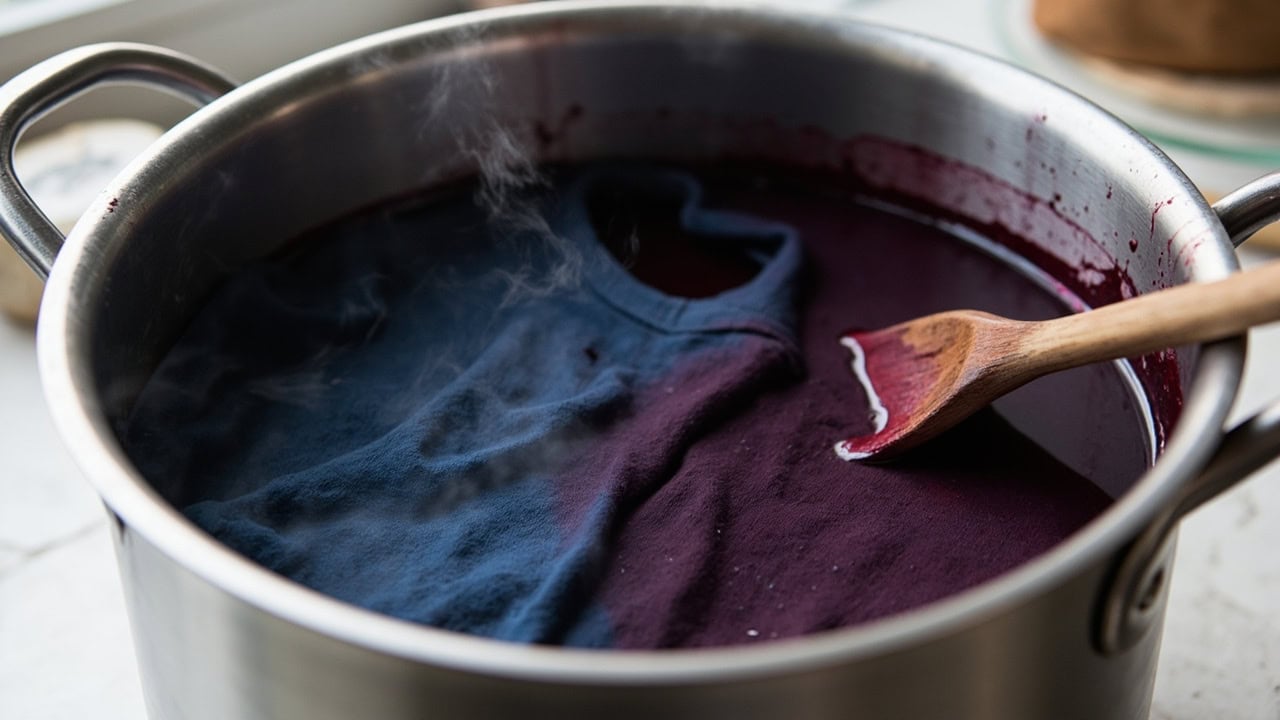 Faded navy blue cotton t-shirt being overdyed in burgundy fabric dye bath in stainless steel pot