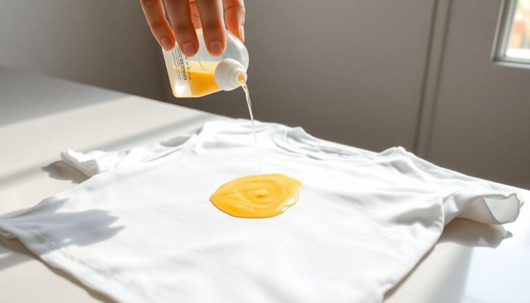 Enzyme detergent applied directly to stain on cotton shirt with timer showing 30-minute pre-treatment dwell time