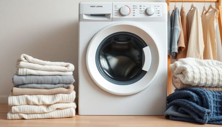 Washing machine dial set to cold temperature alongside care labels illustrating shrinkage prevention setup