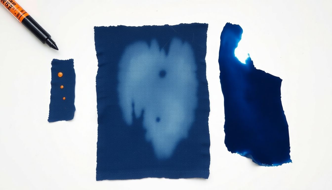 Three bleach spot restoration options illustrated: dye marker for small spots, fabric paint for medium areas, overdyeing for large damage