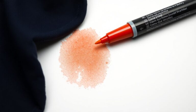 Bleach spot on dark navy fabric showing orange discoloration with fabric dye marker for color restoration