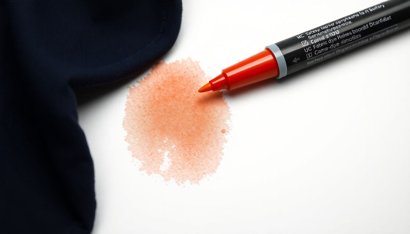 Bleach spot on dark navy fabric showing orange discoloration with fabric dye marker for color restoration