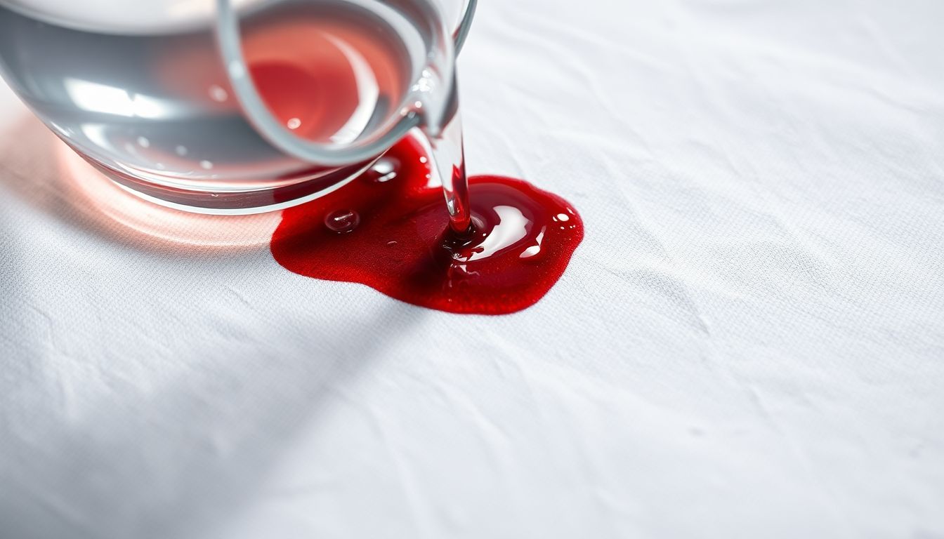 Blood stain on white cotton fabric being treated with cold water showing correct immediate removal method