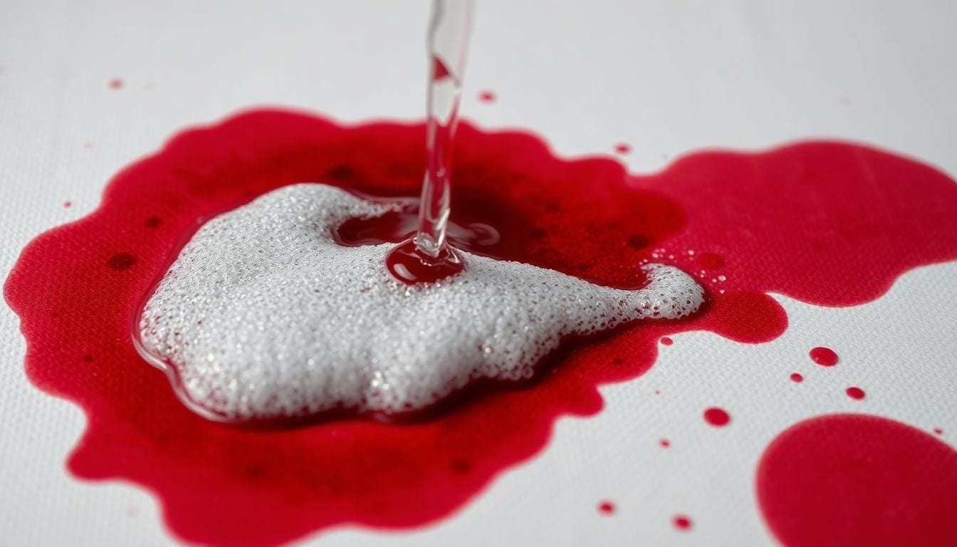Illustration showing hydrogen peroxide fizzing on blood stain as it breaks down hemoglobin molecules