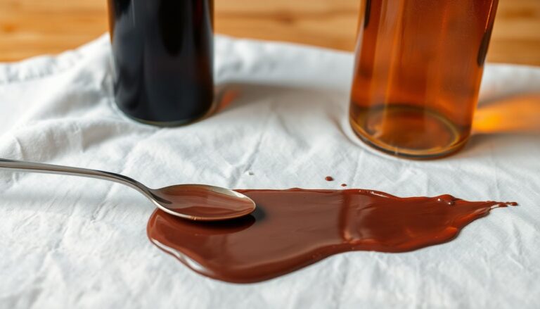Chocolate stain being scraped off white shirt with spoon before applying enzyme detergent treatment