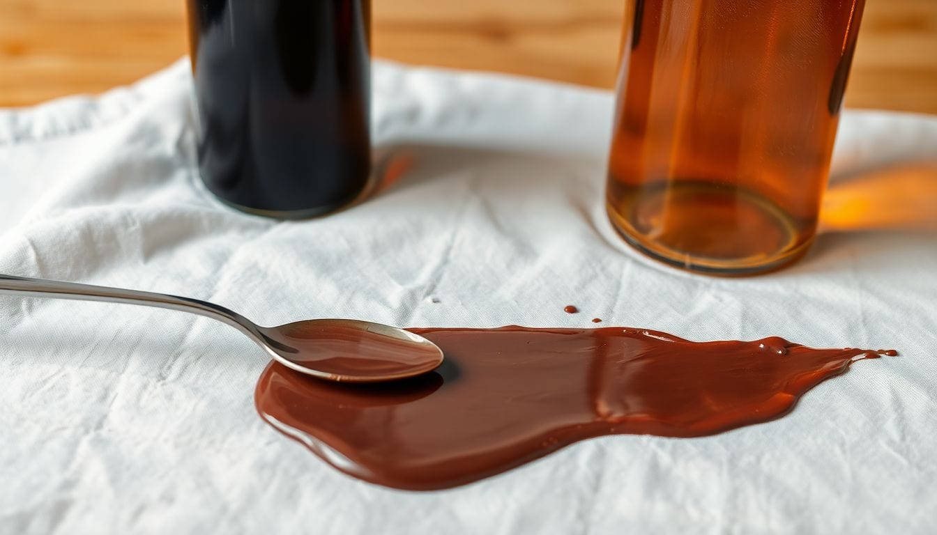 Chocolate stain being scraped off white shirt with spoon before applying enzyme detergent treatment