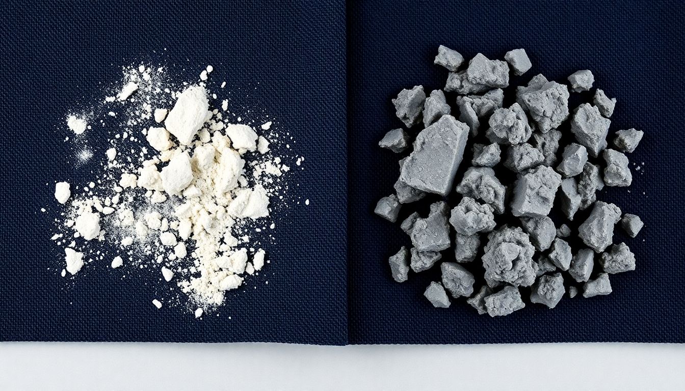 Comparison of fresh white deodorant smear versus grey build-up stain on dark navy fabric with removal methods