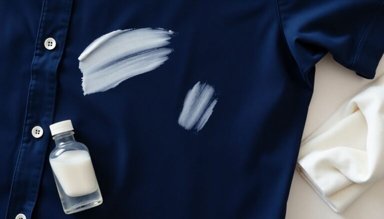 White deodorant smear marks on dark navy shirt with vinegar and cloth for stain removal treatment