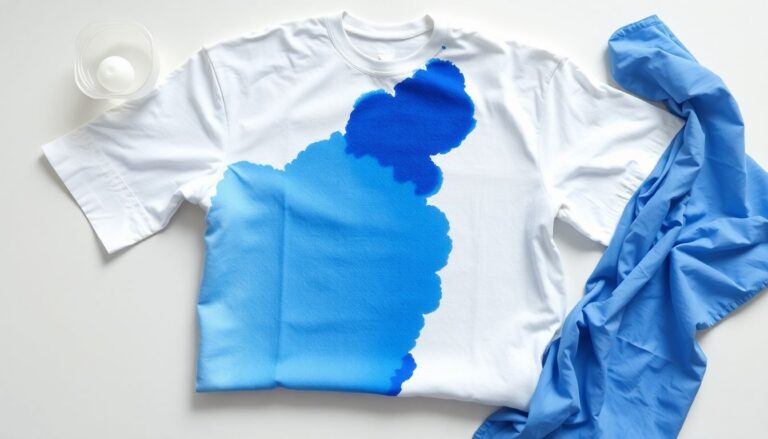 White shirt with dye transfer stain from dark denim alongside OxiClean and color catcher sheet for treatment