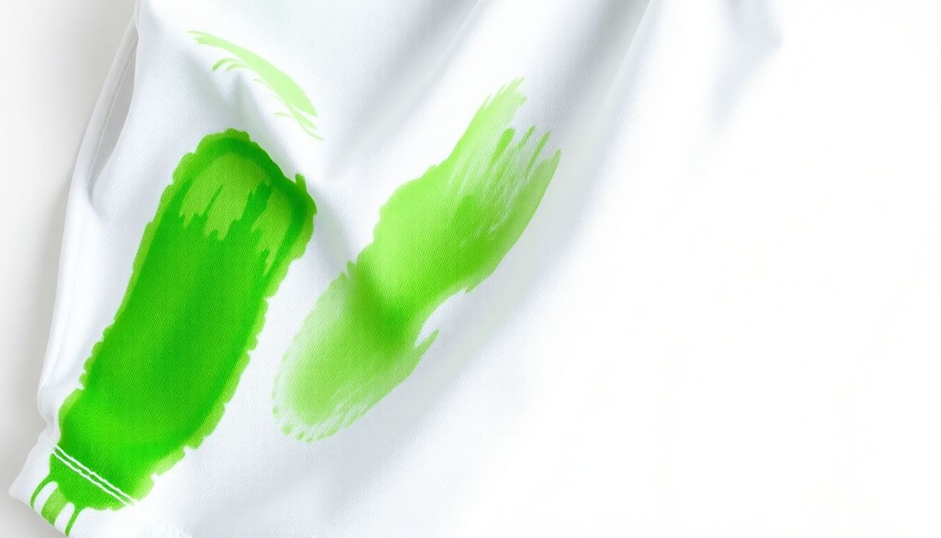 Green grass stains on white sports shorts knees showing typical grass stain appearance